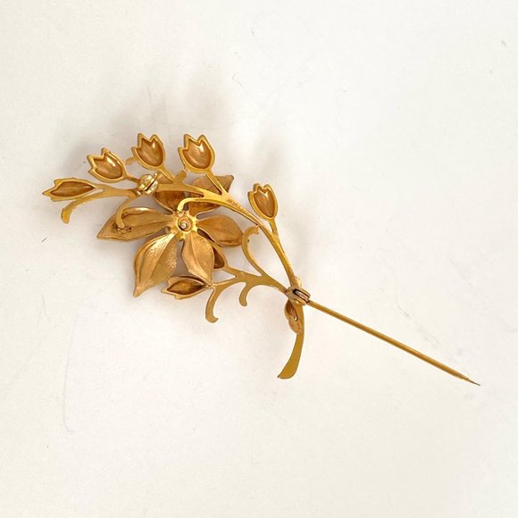 c1900 Andreas Daubs German Flower Seed Pearl 9K Double Gold Plate Antique Brooch - Picture 9 of 10